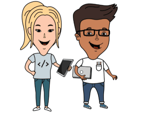 Cartoon woman and man standing, holding ipad and laptop