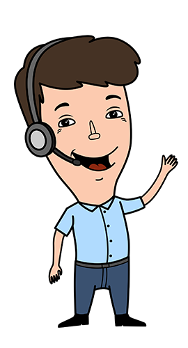 Man with headset and waving cartoon