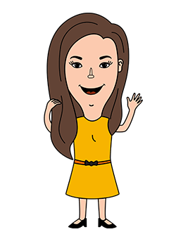 illustration of a girl with brown hair wearing a yellow dress and waving